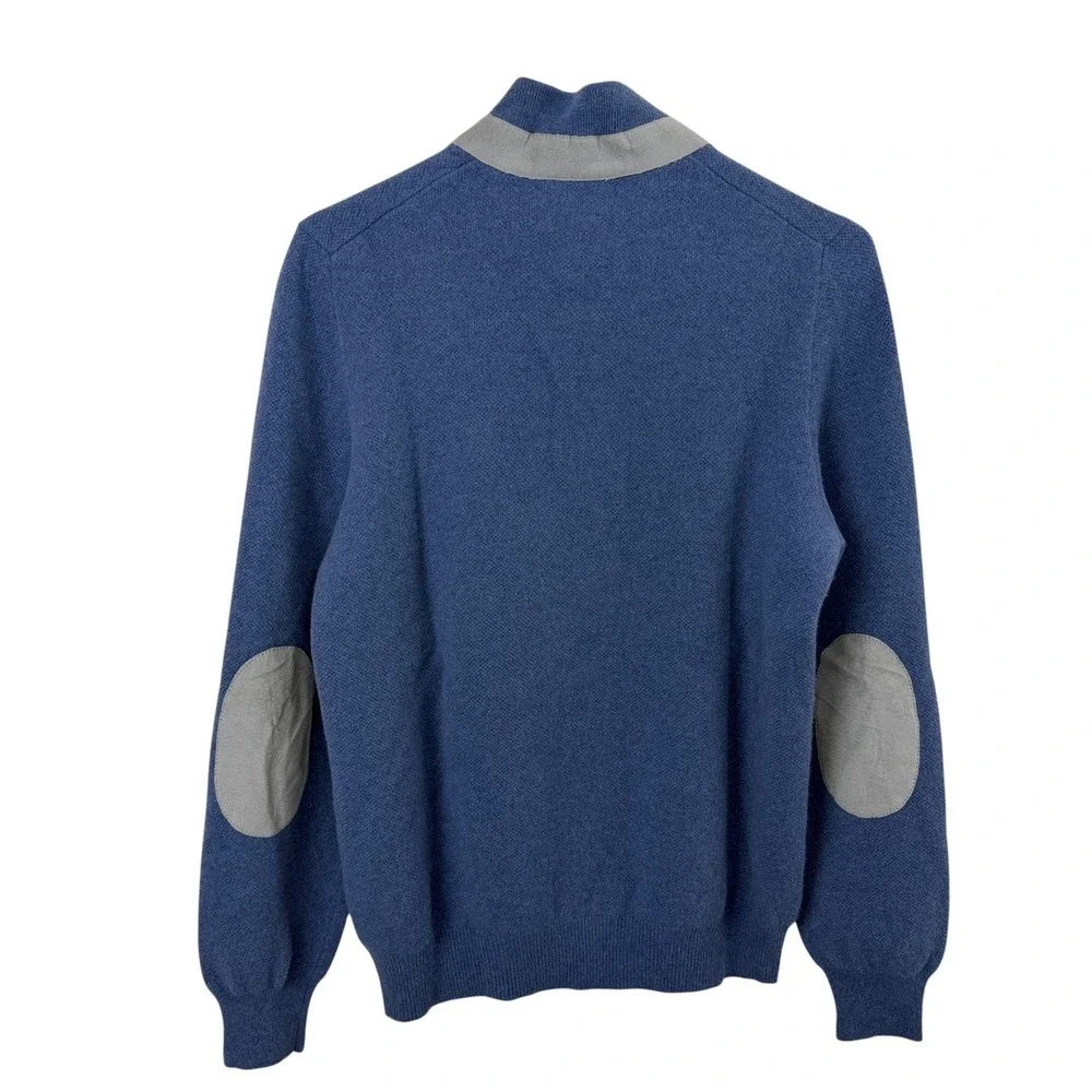 Carroll & Co Sweater Mens Blue Wool Cashmere Quarter Button Elbow Patches
